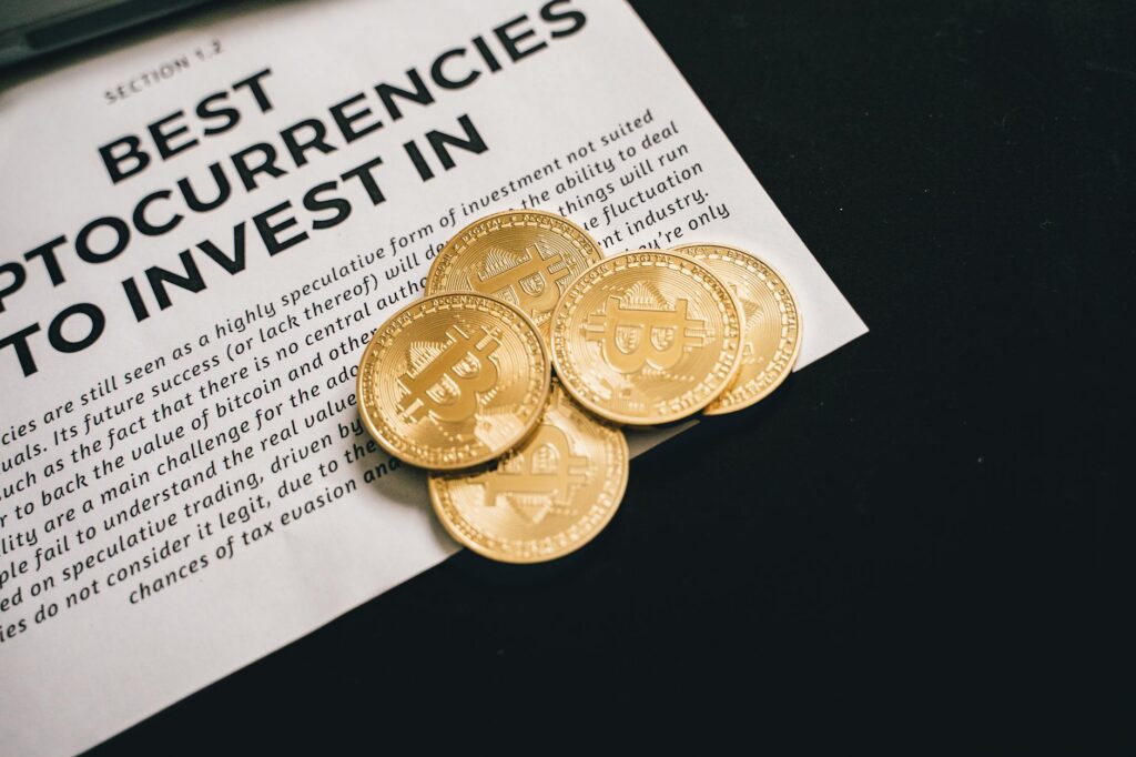 Bitcoin and cryptocurrency coins representing crypto investing